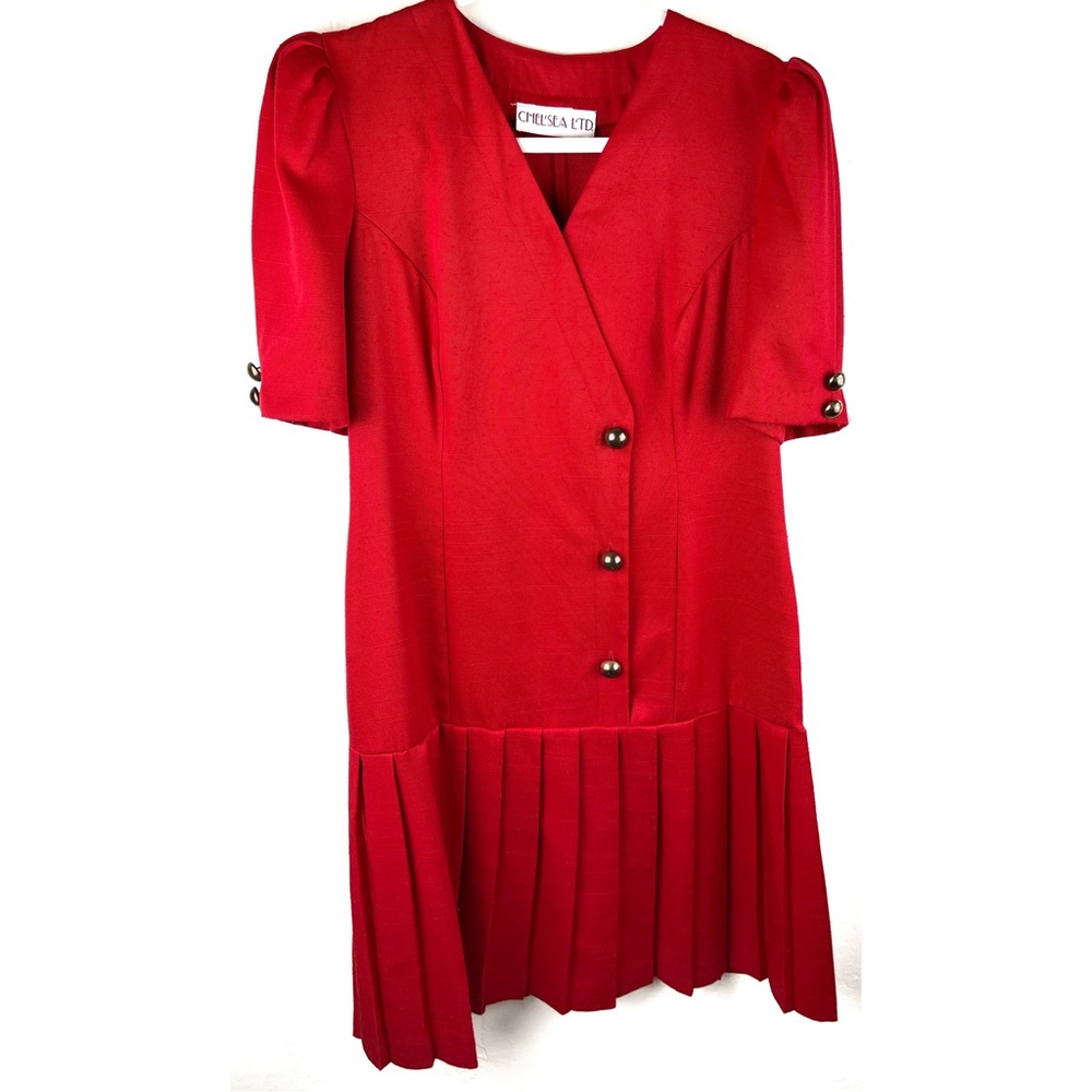 Vintage 80s Chelsea Ltd Red Dress pleated Secretary Geek Style ca Size M